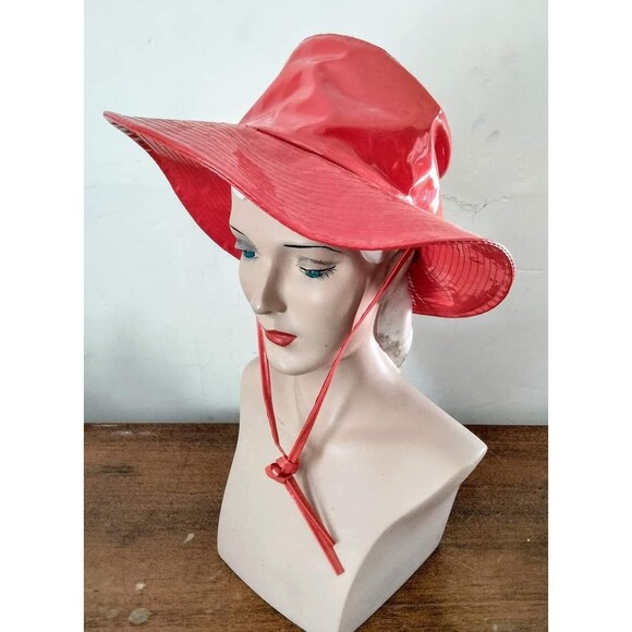 1960s Vintage Mod Red Vinyl Floppy Brim Hat - Picture 1 of 4